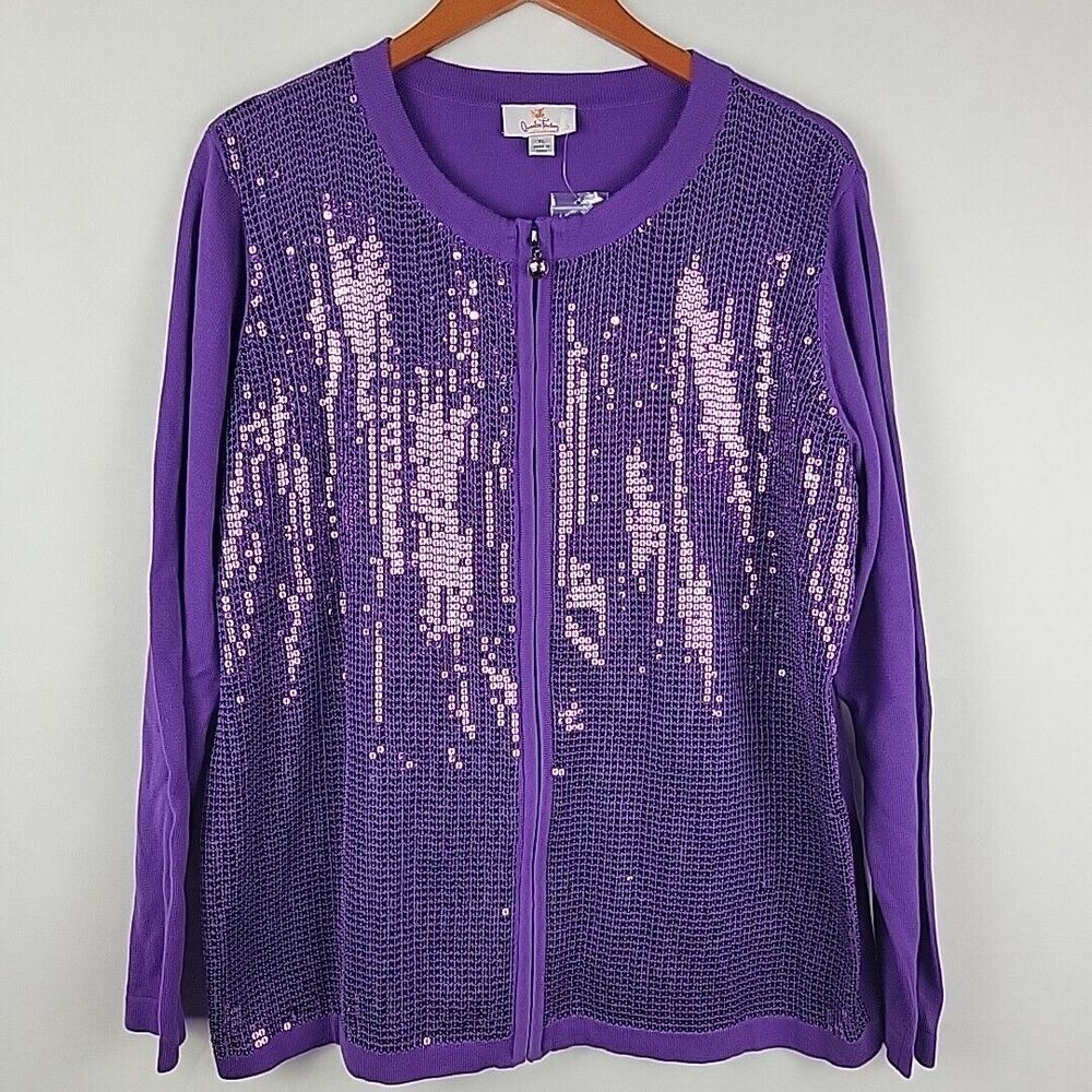 Quacker Factory Cardigan Sweater Womens XL Purple Sequin Full Zip Party Event